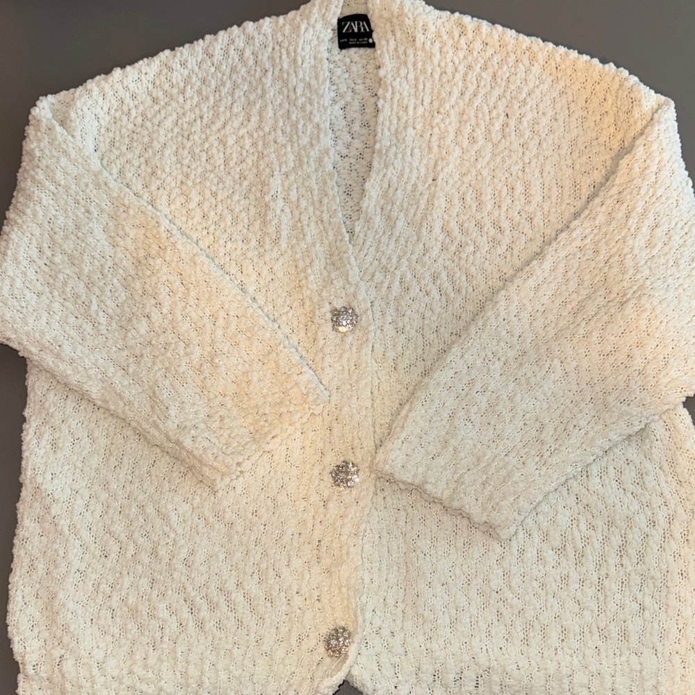 Zara Cream Textured Cardigan Sweater Rhinestone Buttons Oversized Size Small - Picture 7 of 10